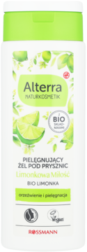 Alterra żel pod prysznic Limonkowa Miłość, biała butelka z zieloną etykietą, przód. Zapach BIO limonki.