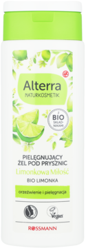 Alterra żel pod prysznic Limonkowa Miłość, biała butelka z zieloną etykietą, przód. Zapach BIO limonki.