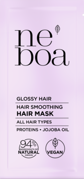 Frontal view of Neboa Glossy Hair Smoothing Hair Mask in a purple sachet, highlighting proteins, jojoba oil, vegan & 94% natural.