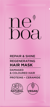 Neboa Regenerating Hair Mask w różowej saszetce, widok z przodu. Do włosów zniszczonych i farbowanych, 98% naturalna.