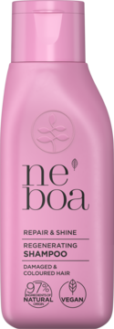 Różowa butelka Neboa Repair & Shine Regenerating Shampoo do włosów zniszczonych i farbowanych, widok z przodu.