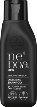 Czarna butelka Neboa Men Strong Stream Energising Shampoo 3w1, z białymi napisami i logo, widok z przodu.