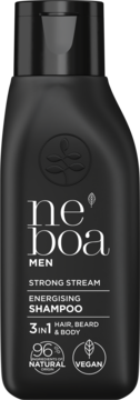Czarna butelka Neboa Men Strong Stream Energising Shampoo 3w1, z białymi napisami i logo, widok z przodu.