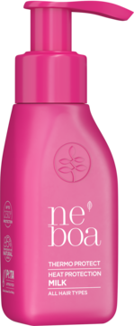Różowe mleczko termoochronne ne' boa w butelce z pompką, widok z przodu. Do wszystkich rodzajów włosów, chroni przed ciepłem.