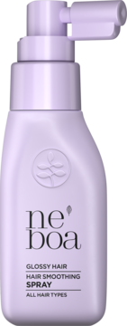 Jasnofioletowy spray Neboa Glossy Hair, wygładzający włosy, butelka z pompką, widok z przodu. Etykieta: GLOSSY HAIR SPRAY ALL HAIR TYPES.