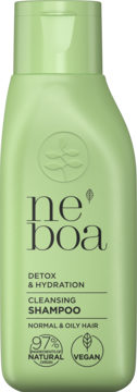 Zielona butelka szamponu Neboa Detox & Hydration, widok z przodu. Do włosów normalnych i tłustych, wegański.