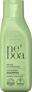 Zielona butelka szamponu Neboa Detox & Hydration, widok z przodu. Do włosów normalnych i tłustych, wegański.
