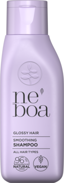Fioletowy mini szampon Neboa Glossy Hair wygładzający, z nakrętką typu flip-top, widok z przodu.