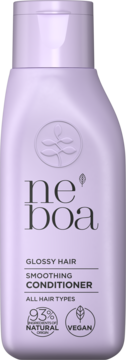 Fioletowa butelka Neboa Smoothing Conditioner. Wegańska, naturalna odżywka wygładzająca do włosów, widok z przodu.