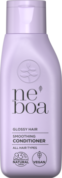 Fioletowa butelka Neboa Smoothing Conditioner. Wegańska, naturalna odżywka wygładzająca do włosów, widok z przodu.