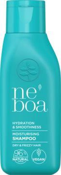 Wygładzający szampon Neboa Hydration & Smoothness w turkusowej butelce, przód, dla włosów suchych i kręconych.