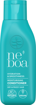 Turkusowa butelka odżywki Neboa Hydration & Smoothness dla włosów suchych i puszących się, 96% naturalna, widok z przodu.