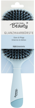 Szczotka do włosów For Your Beauty Glanzhaarbürste z naturalnym włosiem, niebieska, widok z przodu w opakowaniu.