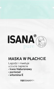 Isana Pure maska w płachcie z kwasem hialuronowym, pantenolem i witaminą E, biało-zielona saszetka, widok z przodu.