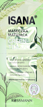 Isana Maseczka Matująca Green Tea, zielona saszetka z liśćmi, z zieloną glinką, oczyszcza pory, dla cery normalnej i mieszanej.