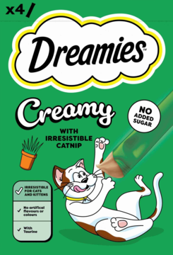 Zielone opakowanie Dreamies Creamy, przysmaki dla kota z kocimiętką, bez cukru, rysunek kota, widok z przodu.
