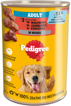 PEDIGREE Adult ,karma mokra dla psa, z 3 rodzajami wołowiny, jagnięciny i kurczaka w musie,przód