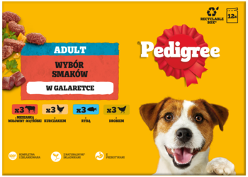 Pedigree Adult mokra karma dla psów, 12x100g. Żółte opakowanie z uśmiechniętym psem, smaki w galarecie.