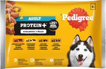 PEDIGREE Adult Protein+,mokra karma pełnoporcjowa dla dorosłych psów, z wołowina i wątróbką, z kurczakiem i wołowiną, z indykiem i kurczakiem, z kaczką i kurczakiem, w galaretce,przód