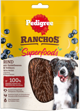 Pedigree Ranchos Superfoods przysmaki wołowina, jagody, pełne ziarno. Żółte opakowanie z psem i mięsnymi kąskami.