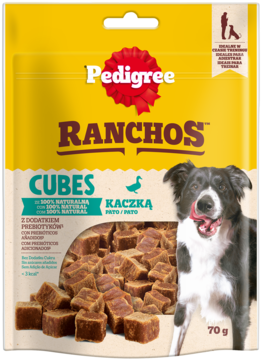 PEDIGREE Ranchos  Cubes,karma uzupełniająca dla psów powyżej 8 tygodnia życia i o wadze powyżej 2kg, z Kaczką,przód