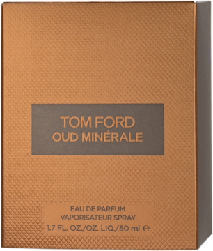 Brązowe, teksturowane opakowanie Tom Ford Oud Minérale EDP 50ml z białymi napisami, widok z przodu.