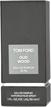 Tom Ford Oud Wood Eau de Parfum 30 ml w czarnym, teksturowanym pudełku ze srebrną etykietą, widok z przodu.