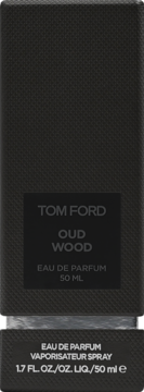 Czarna, teksturowana woda perfumowana Tom Ford Oud Wood 50ml w opakowaniu, widok frontalny z białymi napisami.