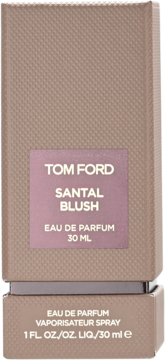 Tom Ford Santal Blush Eau de Parfum w teksturowanym beżowym pudełku z różową etykietą, widok z przodu.