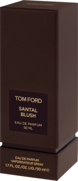 Ciemnobrązowe pudełko perfum Tom Ford Santal Blush 50 ml, z napisami w kolorze złotym, widoczne z przodu.
