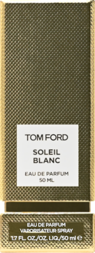 Złote, teksturowane pudełko wody perfumowanej Tom Ford Soleil Blanc 50 ml, widok z przodu.