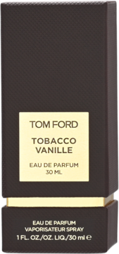 Ciemne, pionowe pudełko perfum Tom Ford Tobacco Vanille 30 ml, ze złotymi etykietami EAU DE PARFUM, widok z przodu.