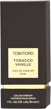 Ciemne, pionowe pudełko perfum Tom Ford Tobacco Vanille 30 ml, ze złotymi etykietami EAU DE PARFUM, widok z przodu.