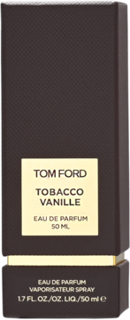 Tom Ford Tobacco Vanille Eau de Parfum, ciemnobrązowe pudełko ze złotą etykietą, widok z przodu.