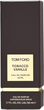Tom Ford Tobacco Vanille Eau de Parfum, ciemnobrązowe pudełko ze złotą etykietą, widok z przodu.