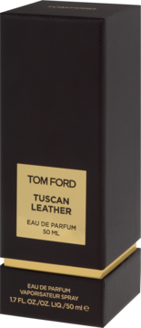 Czarne pudełko Tom Ford Tuscan Leather Eau de Parfum 50ml, ze złotą etykietą, widok z przodu pod kątem.