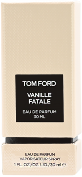 Tom Ford Vanille Fatale Eau de Parfum 30ml, beżowe opakowanie z czarną etykietą, widok z przodu.