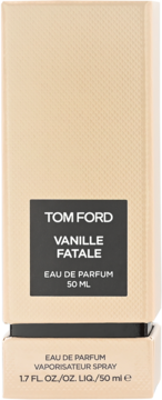Pudełko perfum Tom Ford Vanille Fatale 50 ml, beżowe z teksturą i czarną etykietą, widok z przodu.