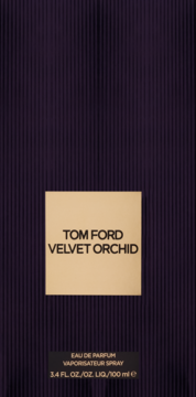 Tom Ford Velvet Orchid EDP, ciemnofioletowe pudełko z prążkowaną fakturą i złotą etykietą, widok z przodu.