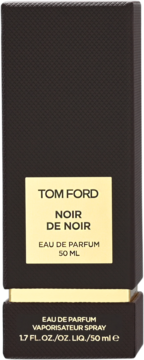 Tom Ford Noir De Noir Eau De Parfum 50ml w czarnym pudełku ze złotą etykietą, widok z przodu, tekstura.
