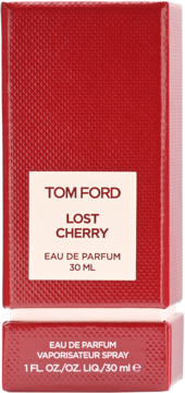 Czerwone, teksturowane pudełko perfum Tom Ford Lost Cherry 30 ml, z jasną etykietą, widok z przodu i od dołu.