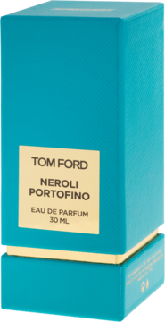 Turkusowe opakowanie perfum Tom Ford Neroli Portofino 30ml z złotym spodem, widok z przodu pod kątem.