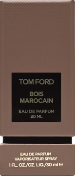 Brązowy kartonik perfum Tom Ford Bois Marocain Eau de Parfum 30ml, widok z przodu z czarną etykietą.