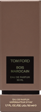 Pionowe pudełko Tom Ford Bois Marocain Eau de Parfum 50ml. Brązowe, z czarną etykietą i białym tekstem.