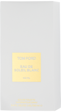 Białe pudełko Tom Ford Eau de Soleil Blanc 100ml woda toaletowa, z złotą etykietą, widok z przodu.
