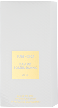 Białe pudełko Tom Ford Eau de Soleil Blanc 100ml woda toaletowa, z złotą etykietą, widok z przodu.