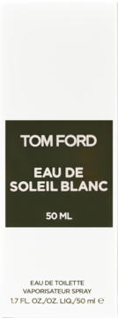 Etykieta perfum Tom Ford Eau De Soleil Blanc 50ml unisex woda toaletowa, jasny napis na ciemnozielonym tle.