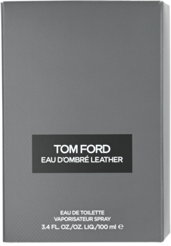 Szare pudełko Tom Ford Eau D'Ombré Leather, męskiej skórzanej wody toaletowej 100ml, widok z przodu.