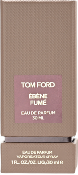Frontowe ujęcie fakturowanego pudełka Tom Ford Ébène Fumé 30ml, z różową etykietą i białym napisem.