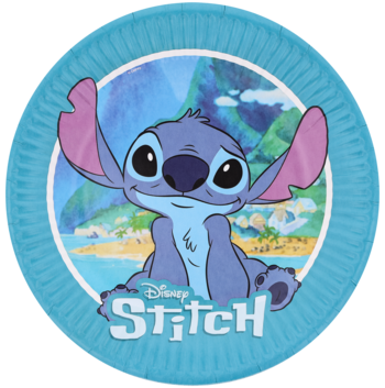 Okrągły, niebieski talerzyk papierowy z wizerunkiem uśmiechniętego Stitcha i logo Disney Stitch na tle plaży.